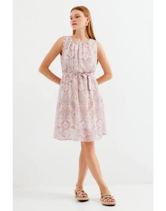 2501 Desenli Sıfır Kol Şifon Elbise - Pembe