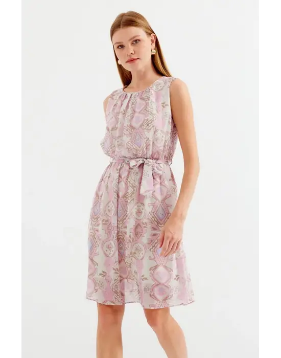 2501 Desenli Sıfır Kol Şifon Elbise - Pembe