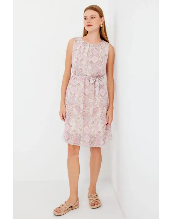 2501 Desenli Sıfır Kol Şifon Elbise - Pembe