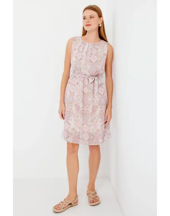 2501 Desenli Sıfır Kol Şifon Elbise - Pembe