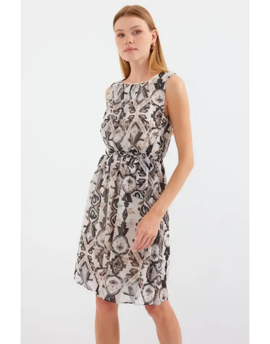 2501 Desenli Sıfır Kol Şifon Elbise - Siyah