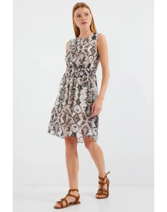 2501 Desenli Sıfır Kol Şifon Elbise - Siyah