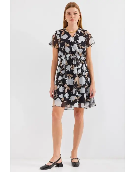 2502 Kısa Kol Desenli Şifon Elbise - A.Siyah