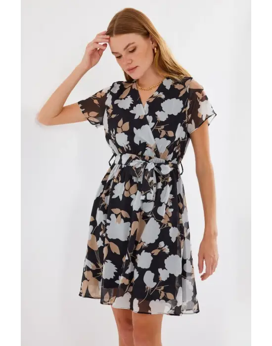 2502 Kısa Kol Desenli Şifon Elbise - A.Siyah
