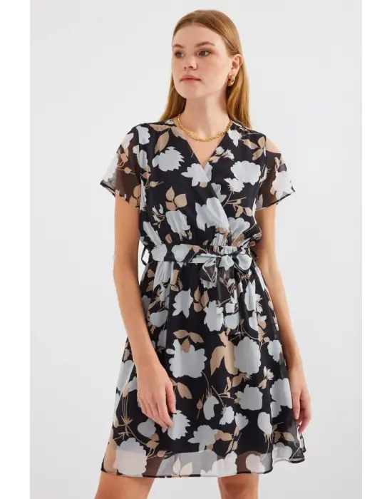 2502 Kısa Kol Desenli Şifon Elbise - A.Siyah