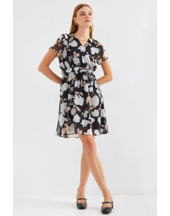 2502 Kısa Kol Desenli Şifon Elbise - A.Siyah