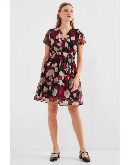 2502 Kısa Kol Desenli Şifon Elbise - Bordo