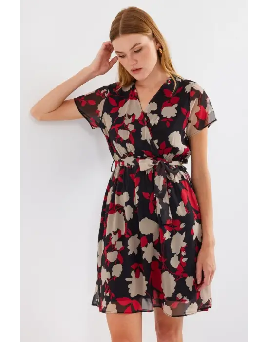 2502 Kısa Kol Desenli Şifon Elbise - Bordo