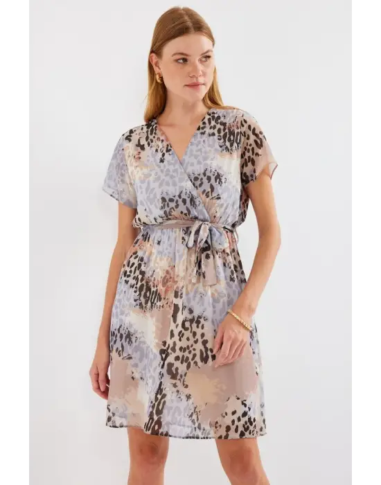 2502 Kısa Kol Desenli Şifon Elbise - Gri