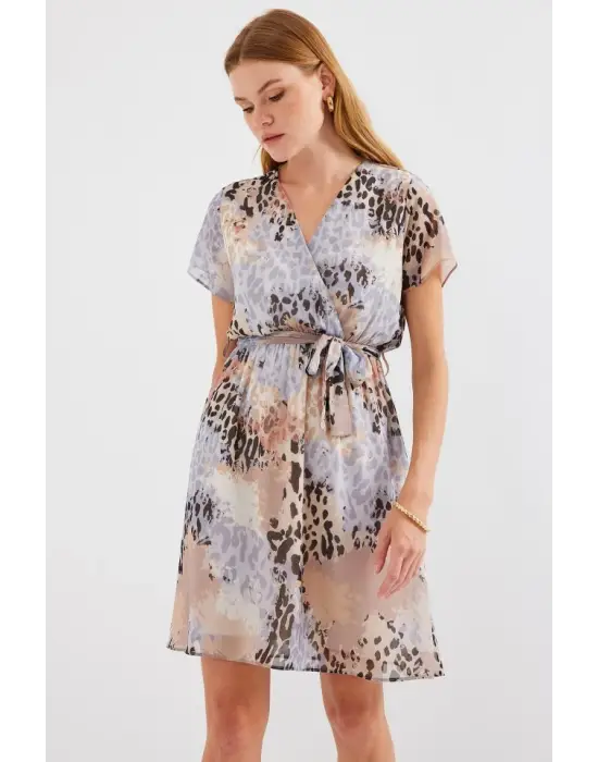2502 Kısa Kol Desenli Şifon Elbise - Gri