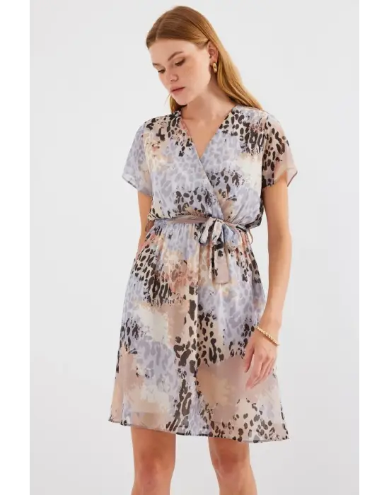 2502 Kısa Kol Desenli Şifon Elbise - Gri