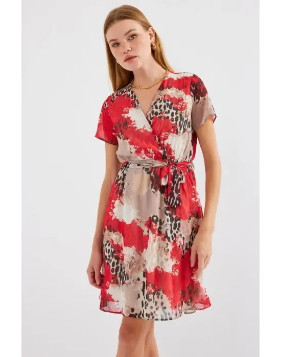 2502 Kısa Kol Desenli Şifon Elbise - Kırmızı