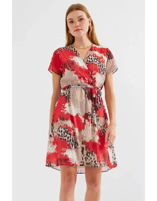 2502 Kısa Kol Desenli Şifon Elbise - Kırmızı