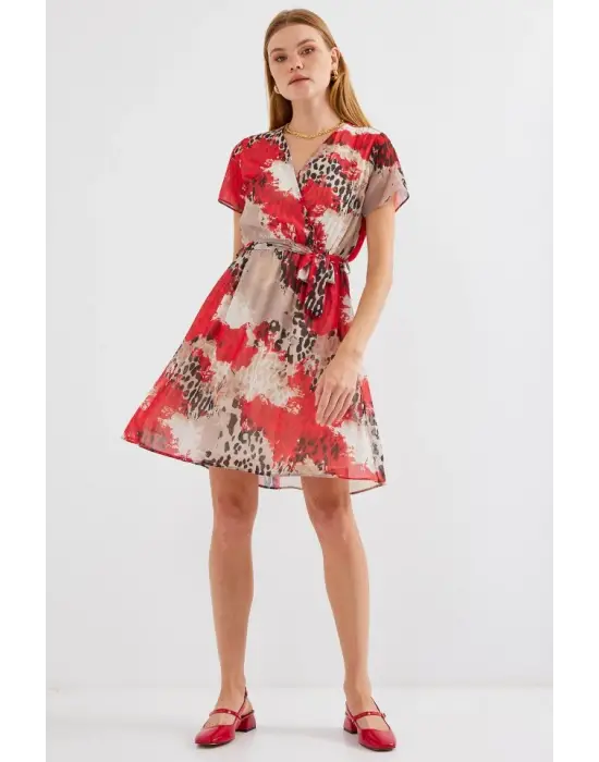 2502 Kısa Kol Desenli Şifon Elbise - Kırmızı