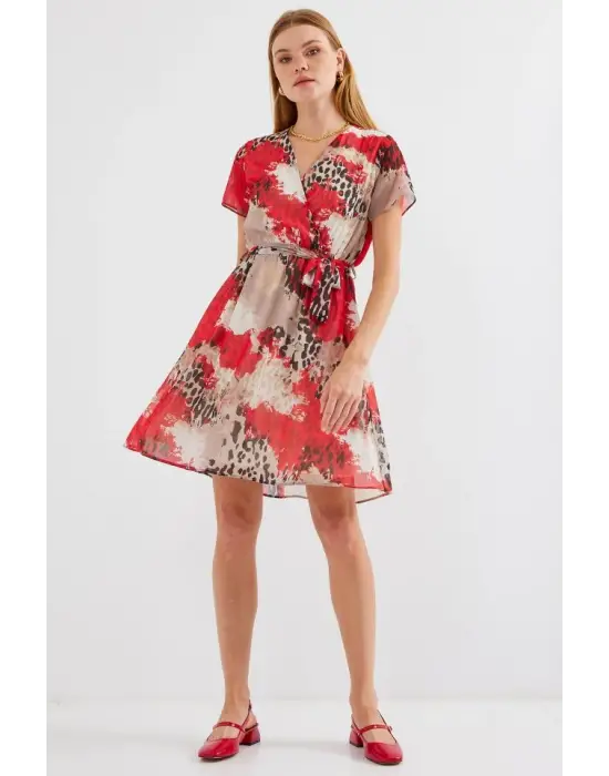 2502 Kısa Kol Desenli Şifon Elbise - Kırmızı