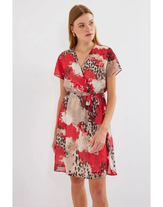 2502 Kısa Kol Desenli Şifon Elbise - Kırmızı
