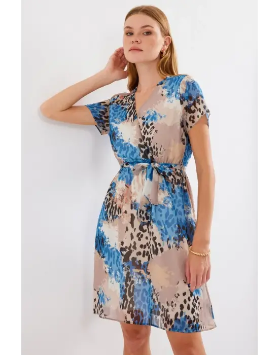 2502 Kısa Kol Desenli Şifon Elbise - Mavi