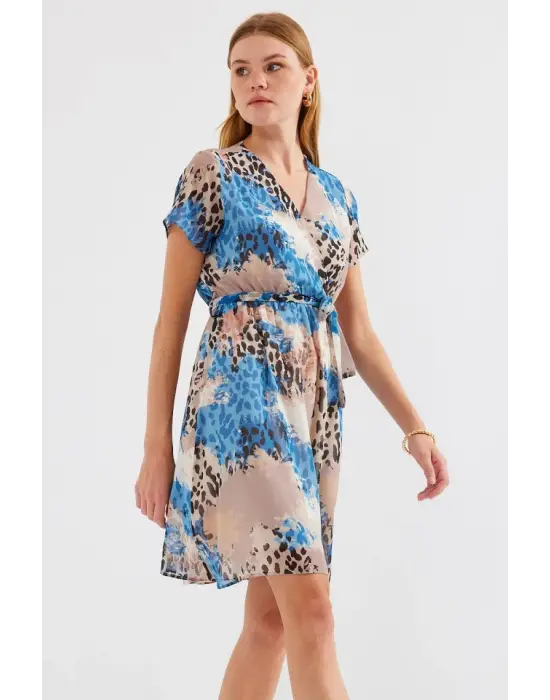 2502 Kısa Kol Desenli Şifon Elbise - Mavi