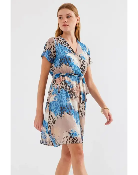 2502 Kısa Kol Desenli Şifon Elbise - Mavi