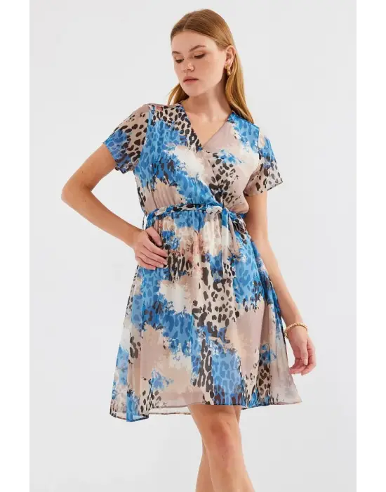 2502 Kısa Kol Desenli Şifon Elbise - Mavi