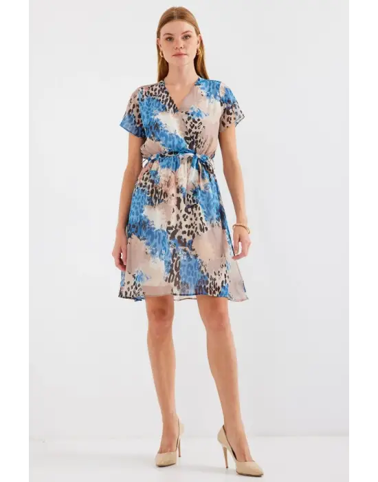 2502 Kısa Kol Desenli Şifon Elbise - Mavi
