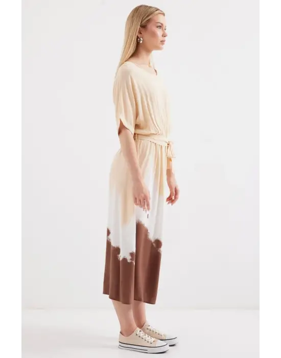 2504 Desenli Kısa Kol Viskon Elbise - Krem