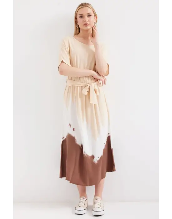 2504 Desenli Kısa Kol Viskon Elbise - Krem