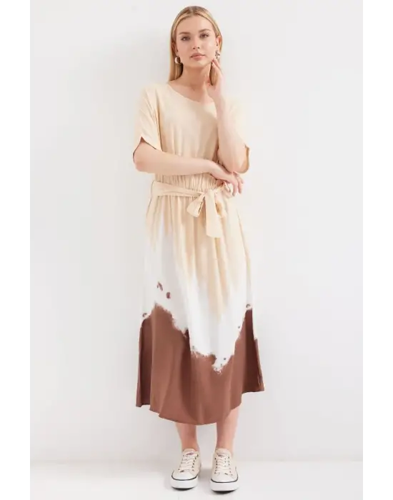 2504 Desenli Kısa Kol Viskon Elbise - Krem