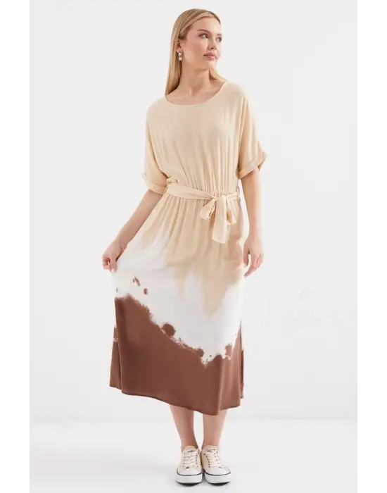 2504 Desenli Kısa Kol Viskon Elbise - Krem