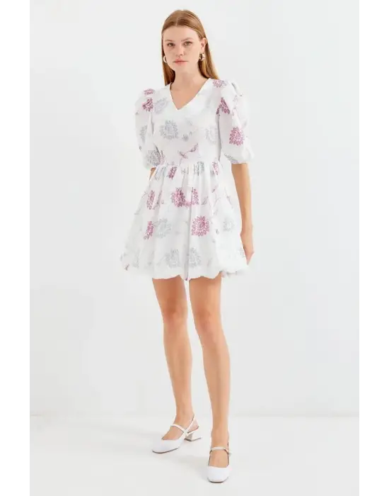 2506 Desenli V Yaka Mini Kloş Elbise - Ekru