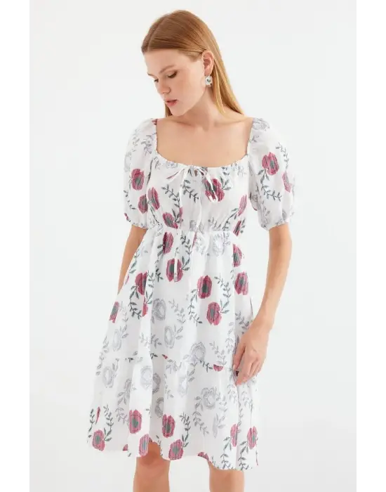 2508 Desenli Mini Kloş Elbise - Ekru