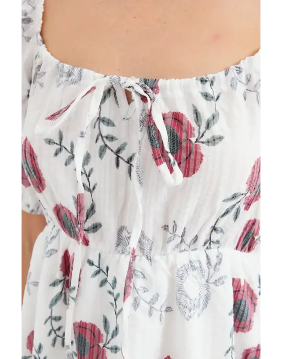 2508 Desenli Mini Kloş Elbise - Ekru