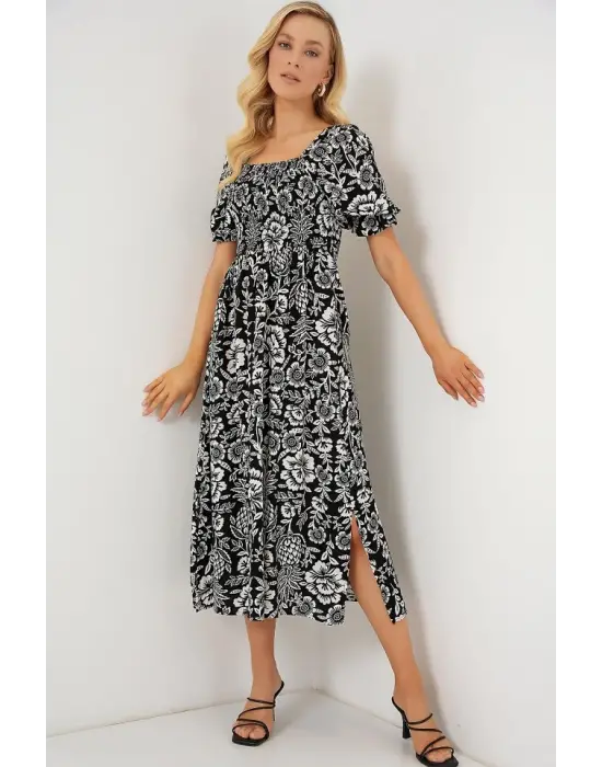 2512 Desenli Yırtmaçlı Elbise - D. Siyah