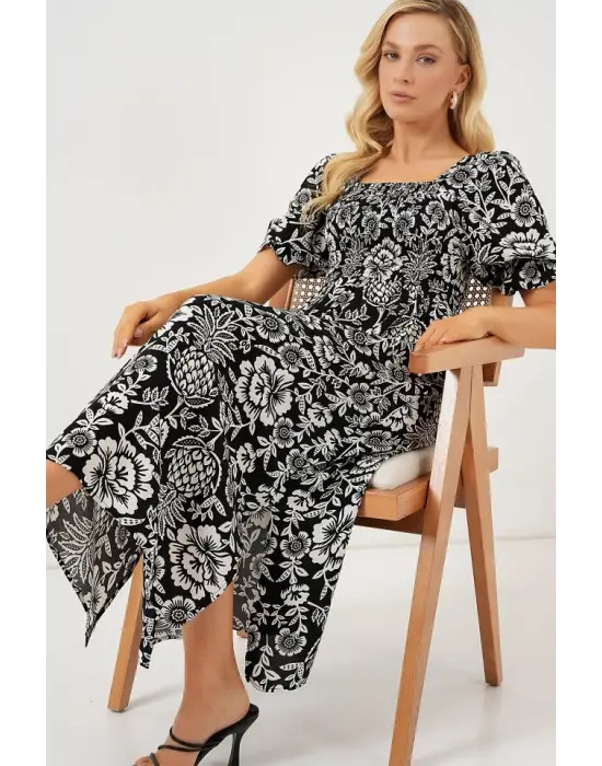 2512 Desenli Yırtmaçlı Elbise - D. Siyah