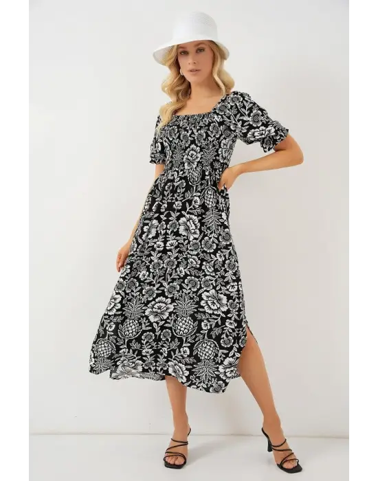 2512 Desenli Yırtmaçlı Elbise - D. Siyah