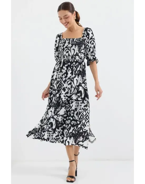 2512 Desenli Yırtmaçlı Elbise - Siyah