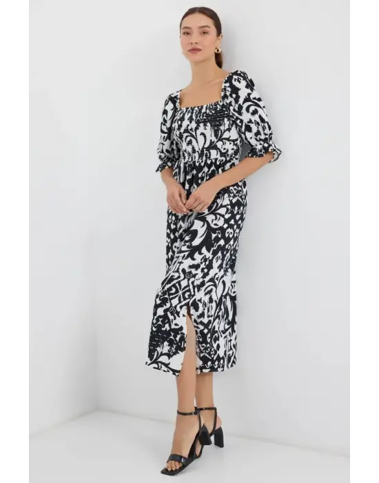 2512 Desenli Yırtmaçlı Elbise - Siyah