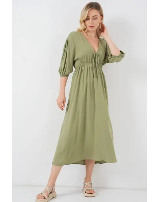 2570 Beli Büzgülü V Yaka Elbise - Çağla