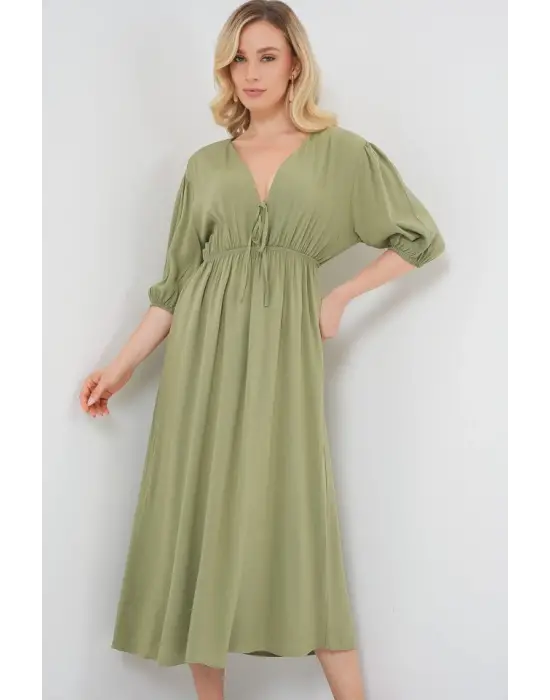 2570 Beli Büzgülü V Yaka Elbise - Çağla