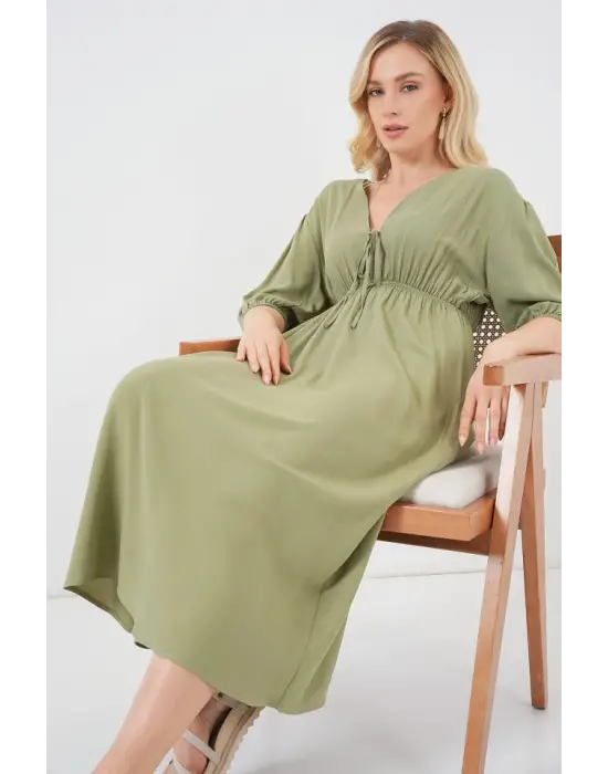 2570 Beli Büzgülü V Yaka Elbise - Çağla