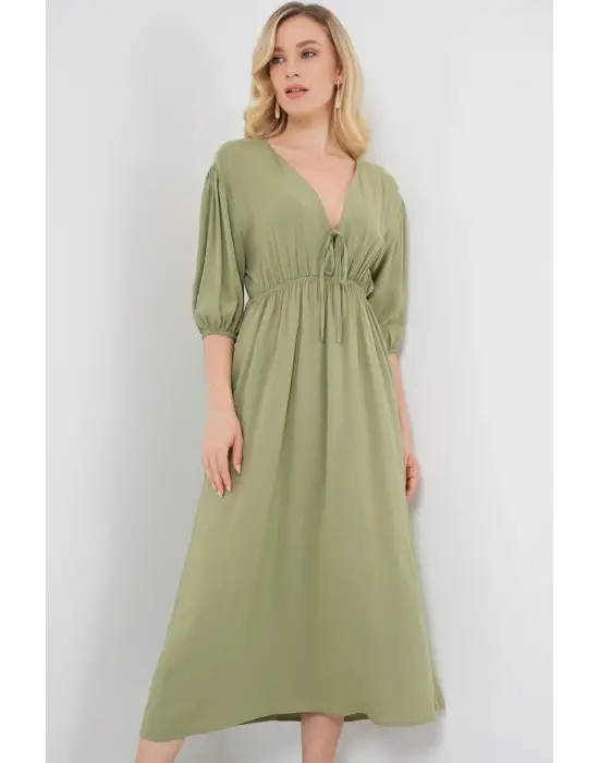 2570 Beli Büzgülü V Yaka Elbise - Çağla