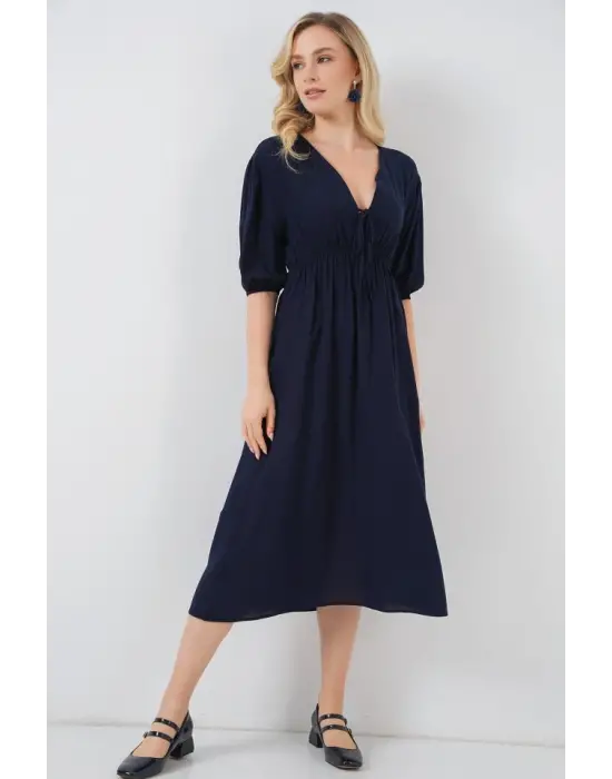 2570 Beli Büzgülü V Yaka Elbise - Lacivert