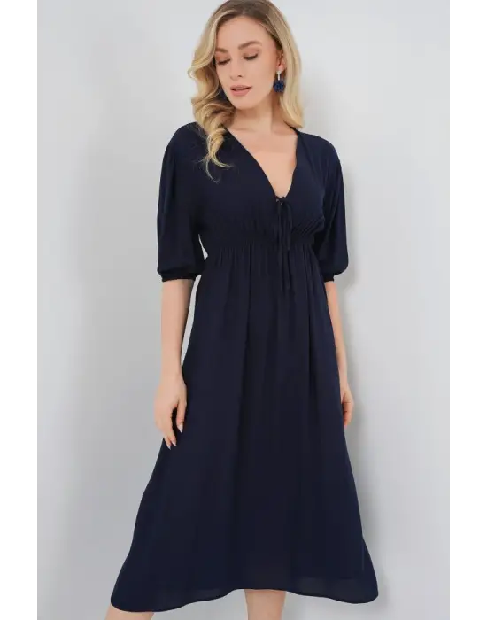 2570 Beli Büzgülü V Yaka Elbise - Lacivert