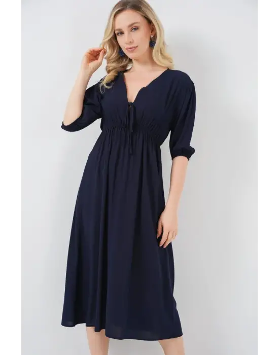 2570 Beli Büzgülü V Yaka Elbise - Lacivert