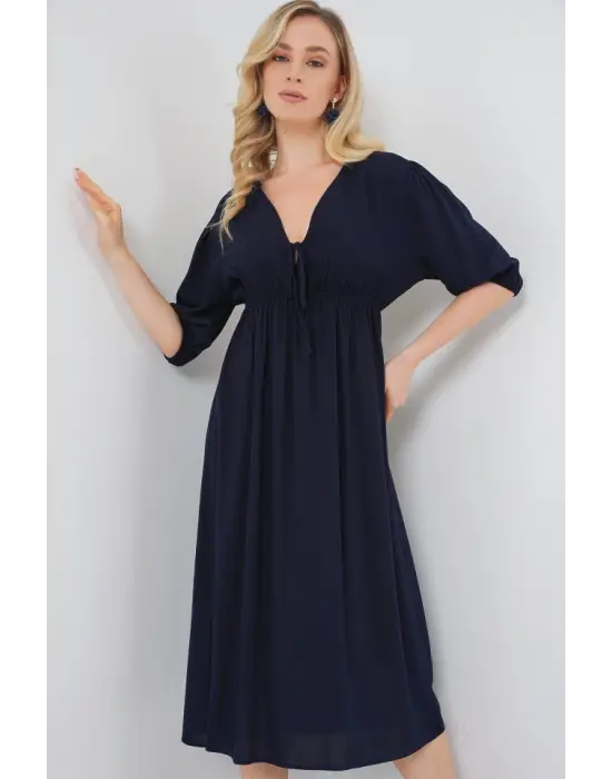 2570 Beli Büzgülü V Yaka Elbise - Lacivert