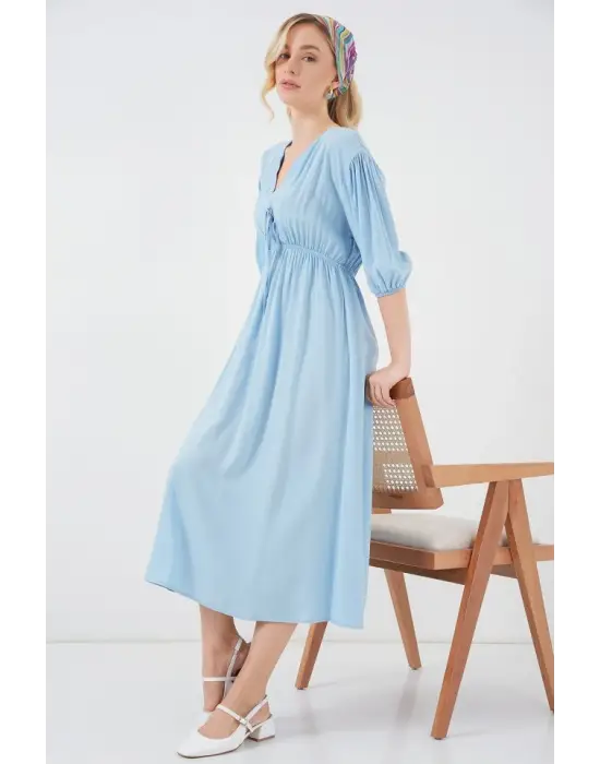 2570 Beli Büzgülü V Yaka Elbise - Mavi