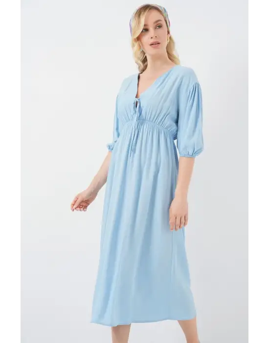 2570 Beli Büzgülü V Yaka Elbise - Mavi