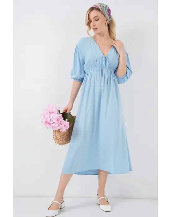 2570 Beli Büzgülü V Yaka Elbise - Mavi
