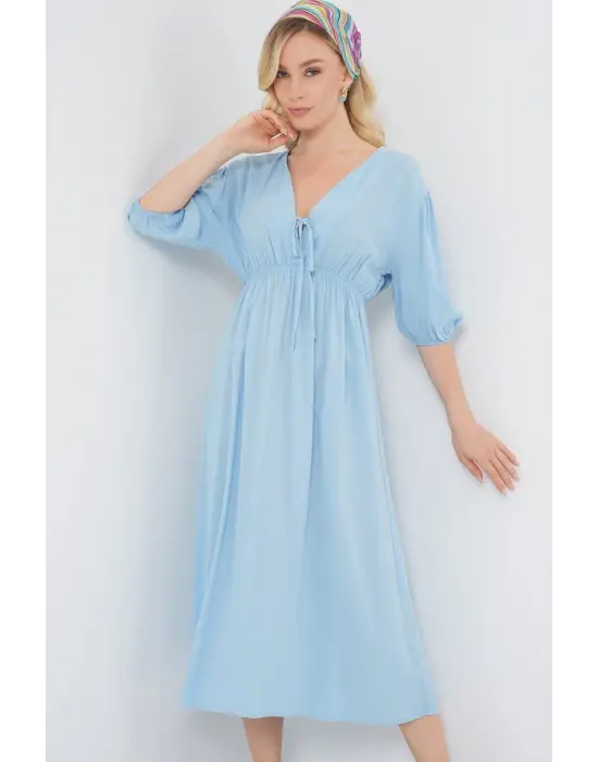 2570 Beli Büzgülü V Yaka Elbise - Mavi