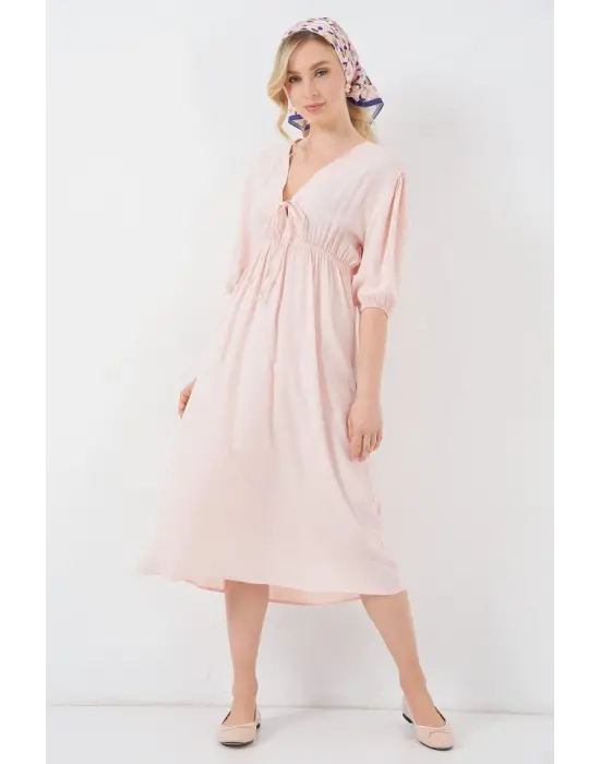 2570 Beli Büzgülü V Yaka Elbise - Pudra